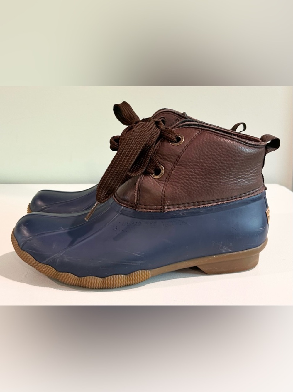 Sperry Saltwater Waterproof Duck Boots Brown Navy Leather Rain Boots 8.5 - Picture 7 of 11